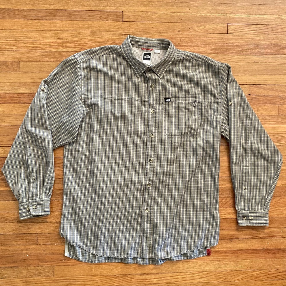 The North Face Shirt Mens Large Green Gray Stripe Roll Tab Zip Pocket Hiking
